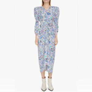 NEW $1395 Isabel Marant Albi Dot Print Ruched Stretch Silk Dress in 8 US / 40 FR
